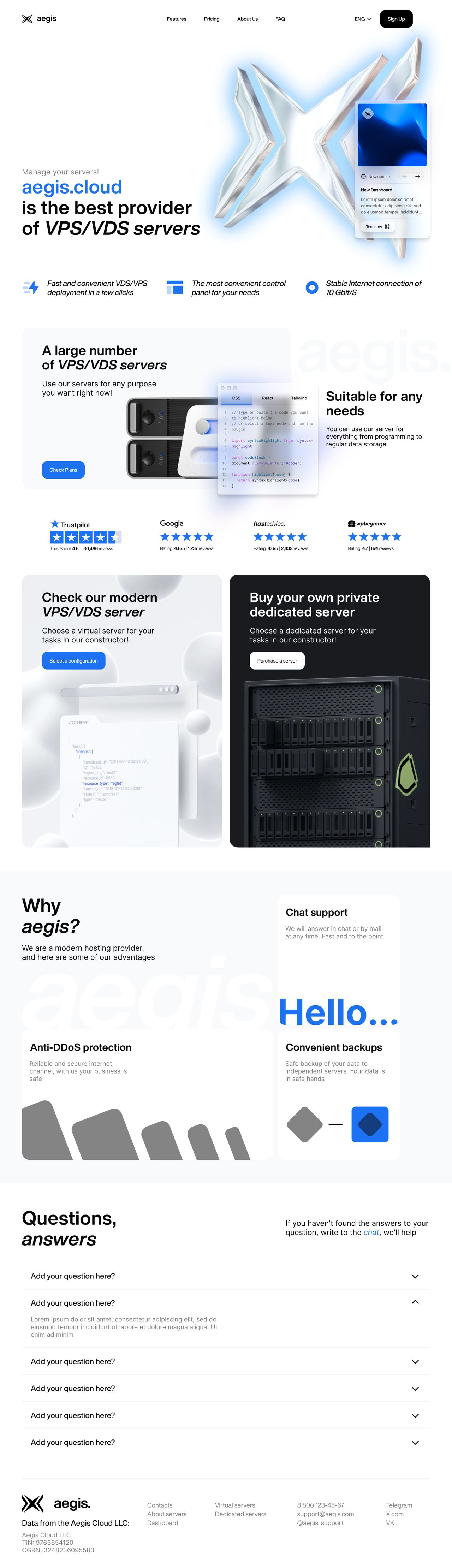 The full aegis.cloud website: hero with a chrome emblem, pricing, server configurator, reviews, FAQ