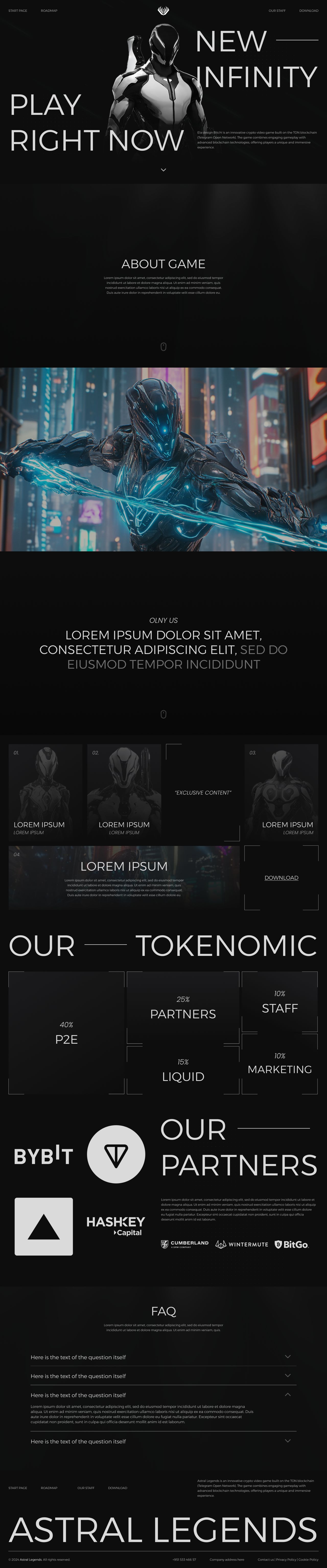 The full Astral Legends landing page: character, about the game, tokenomics, partners, FAQ